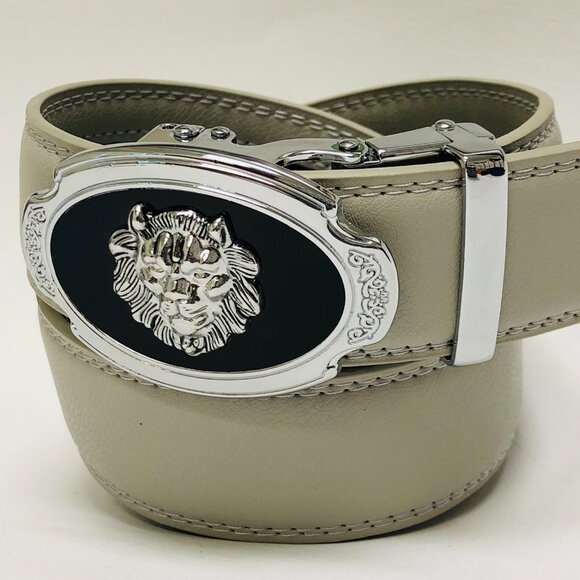 Gray Leather Belt Automatic Buckle Slide Belt NoHole Strep Ratchet Buckle Silver - Picture 1 of 3